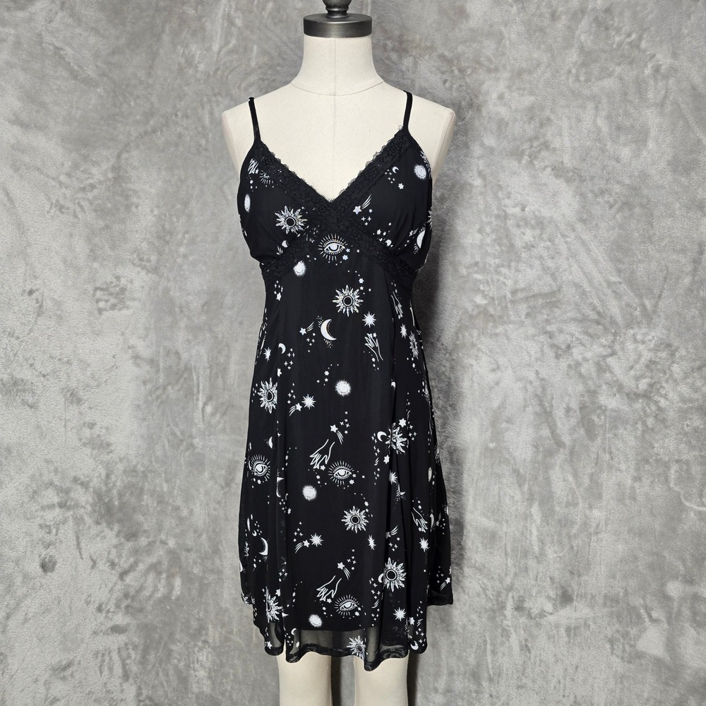 Wallflower Dress Women L Black Babydoll Celestial Moon Star Sun Lace Witchy Goth